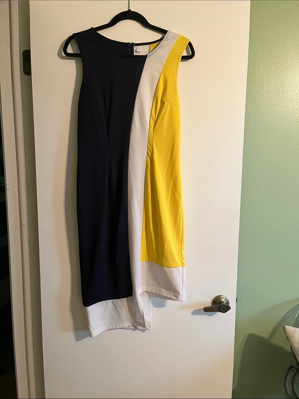 Asymmetrical Colorblock Shift Dress in Navy, White & Yellow